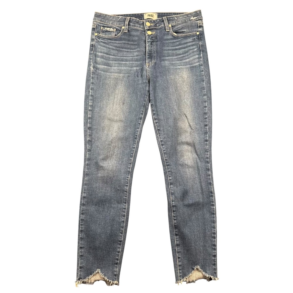 Paige Hoxton Ankle Skinny Jeans Blue High Rise Notched Raw Hem Double Button 30